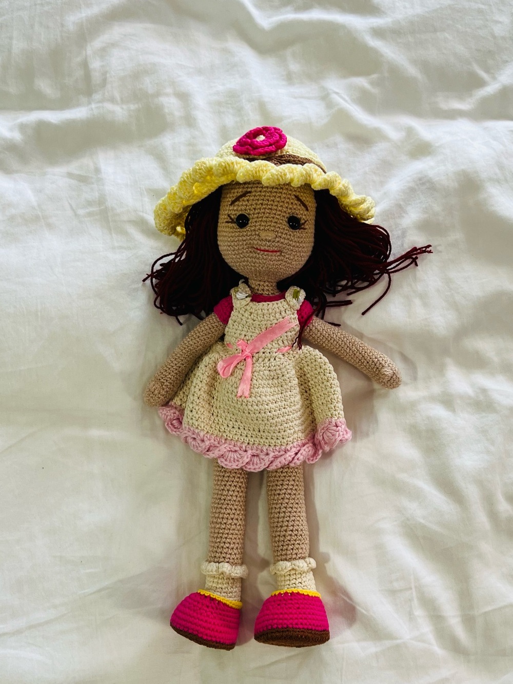 Handmade Crochet Doll in Yellow and Pink Dress – Soft Plush Toy